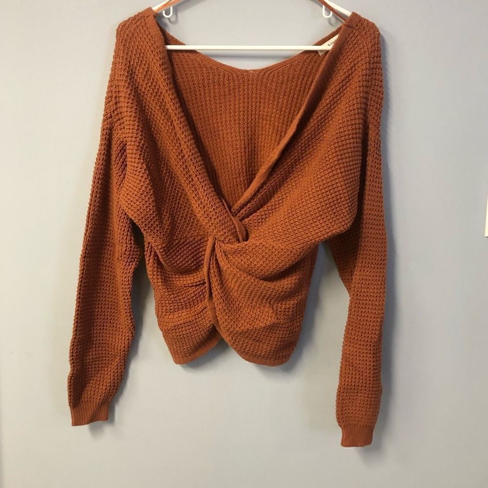 moon and madison size‎ large chunky knit weather rusty orange twist front boho